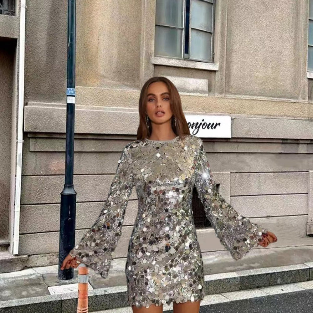 Women's Sequin Mini Cocktail Dress Long Sleeve Round Neck