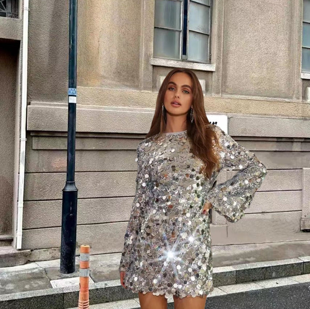 Women's Sequin Mini Cocktail Dress Long Sleeve Round Neck