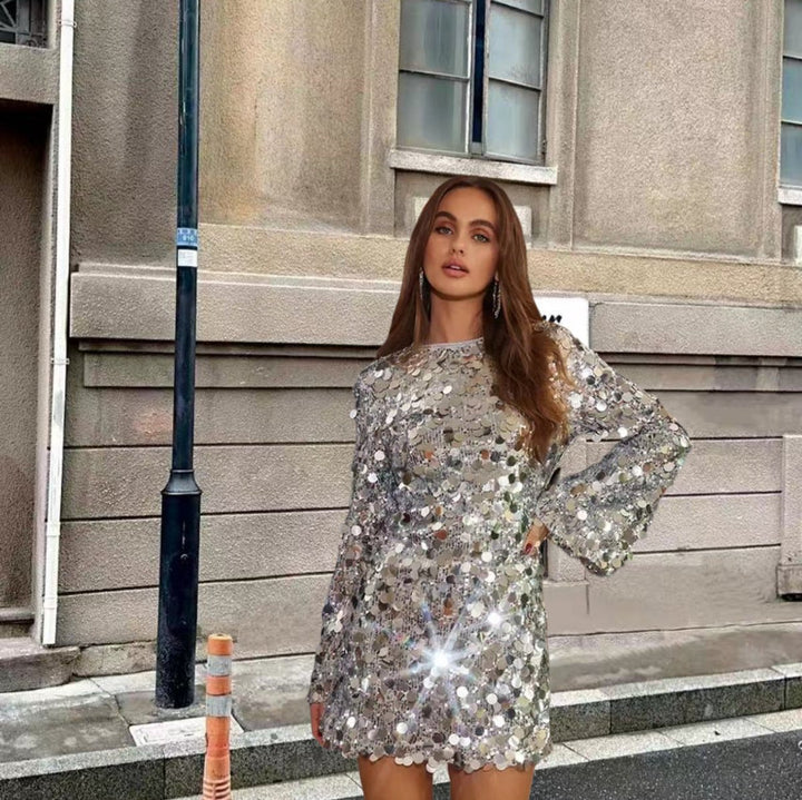 Women's Sequin Mini Cocktail Dress Long Sleeve Round Neck
