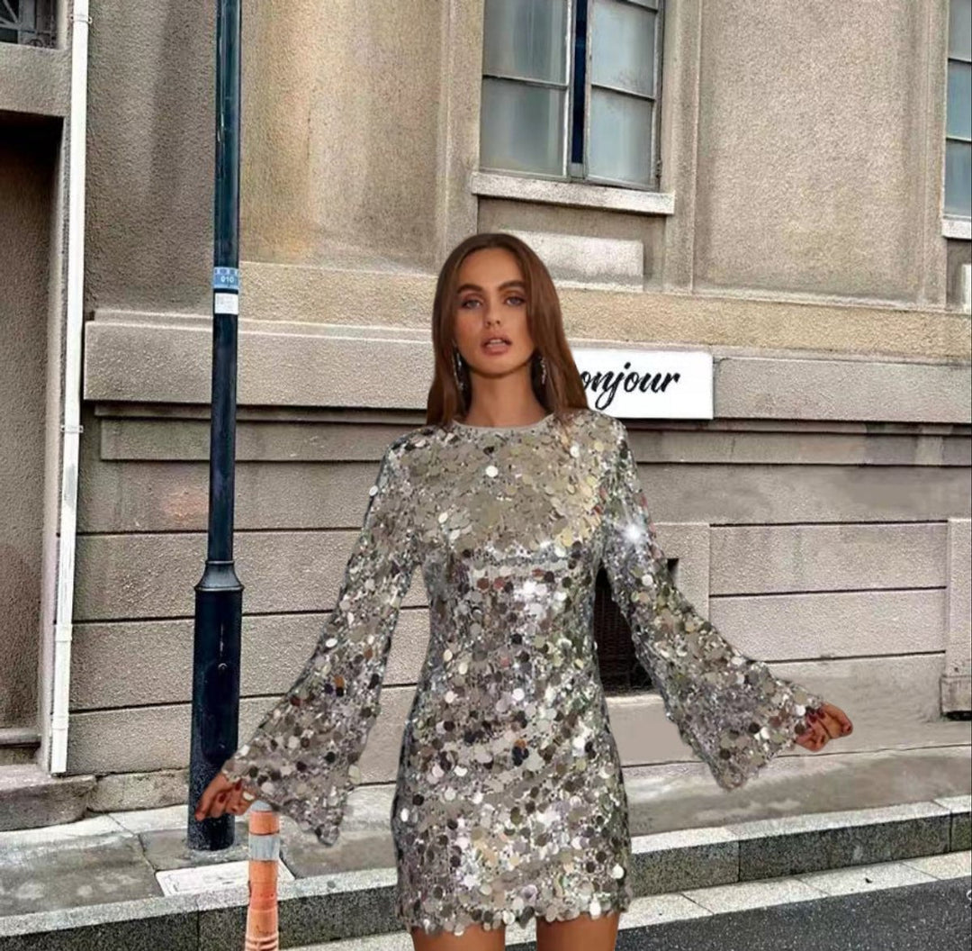 Women's Sequin Mini Cocktail Dress Long Sleeve Round Neck - Silver