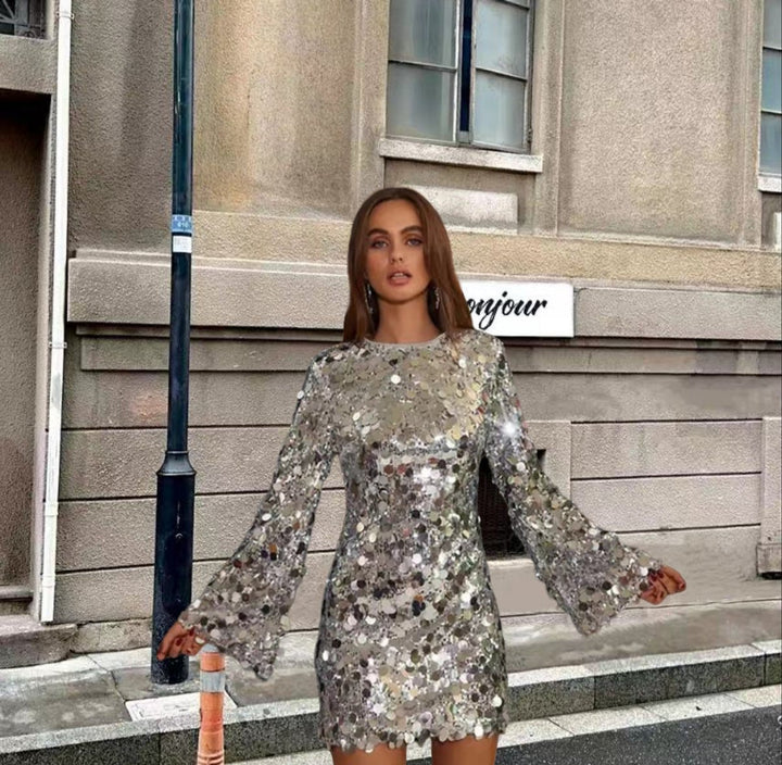 Women's Sequin Mini Cocktail Dress Long Sleeve Round Neck - Silver