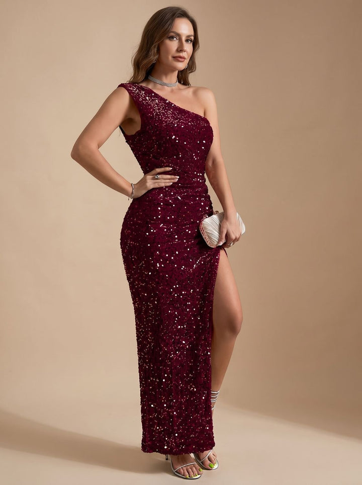 Women's Sequin One-Shoulder High-Slit Christmas Party Maxi Dress - Burgundy