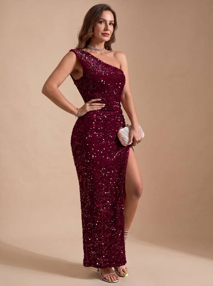 Women's Sequin One-Shoulder High-Slit Christmas Party Maxi Dress - Red