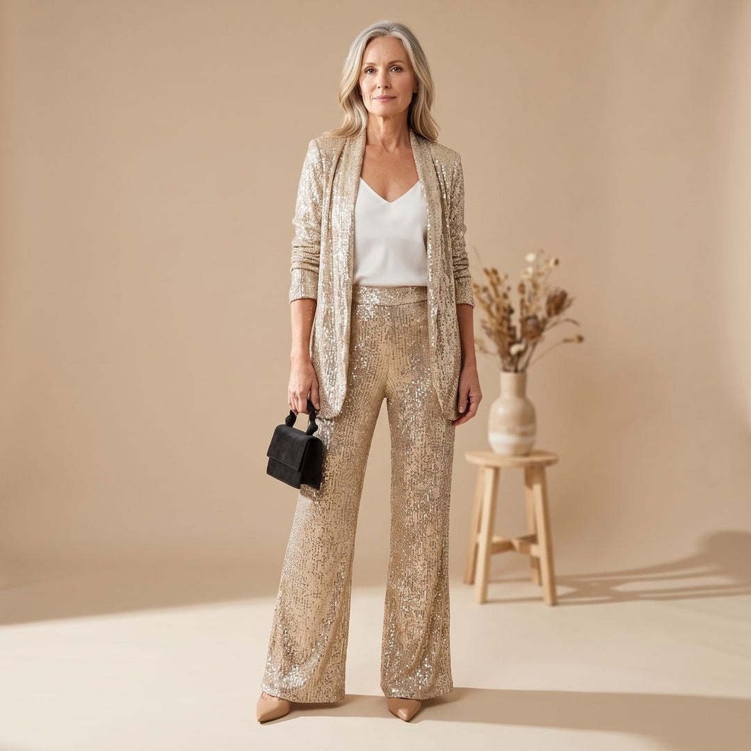 Women's Sequin Set Long-Sleeve Blazer Wide-Leg Suit with Pants - Silver