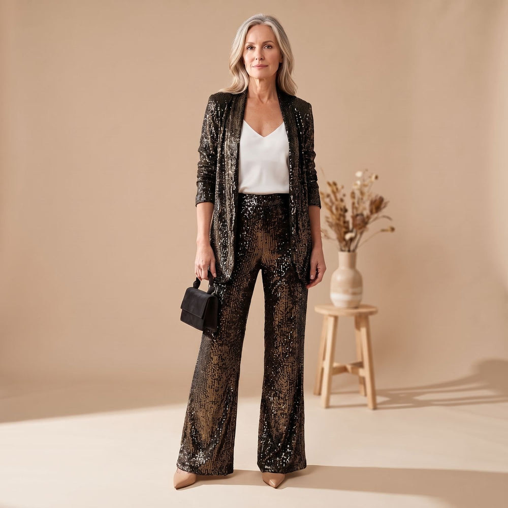 Women's Sequin Set Long-Sleeve Blazer Wide-Leg Suit with Pants - Black