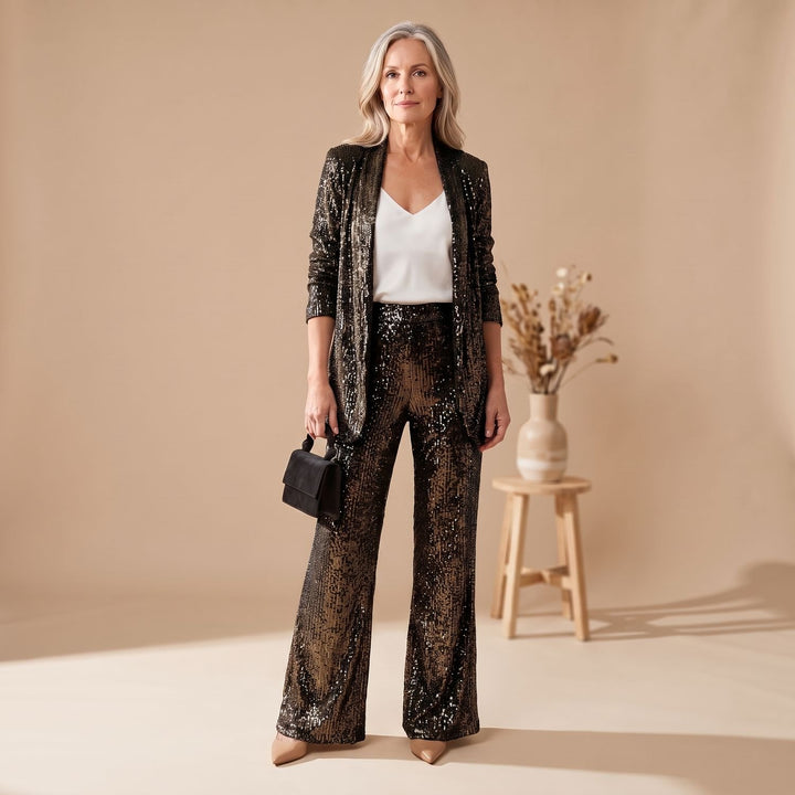 Women's Sequin Set Long-Sleeve Blazer Wide-Leg Suit with Pants - Black
