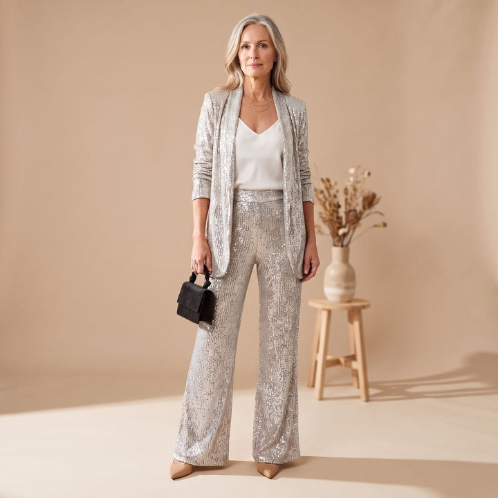 Women's Sequin Set Long-Sleeve Blazer Wide-Leg Suit with Pants