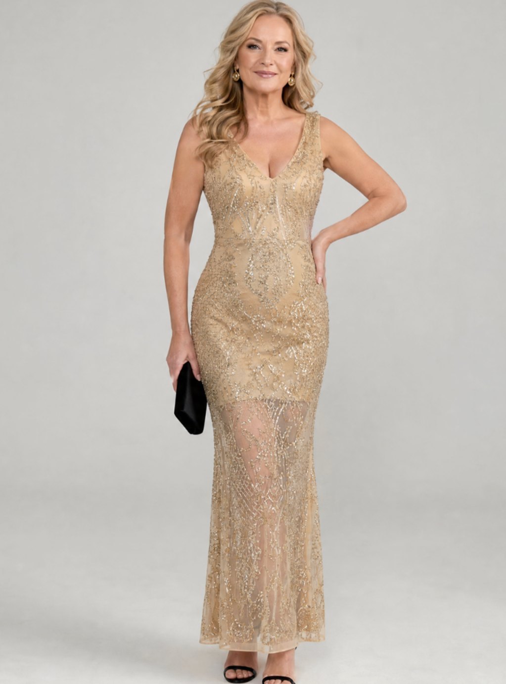 Women's Sequin Sheer Mesh Midi Christmas Party Dress - Beige