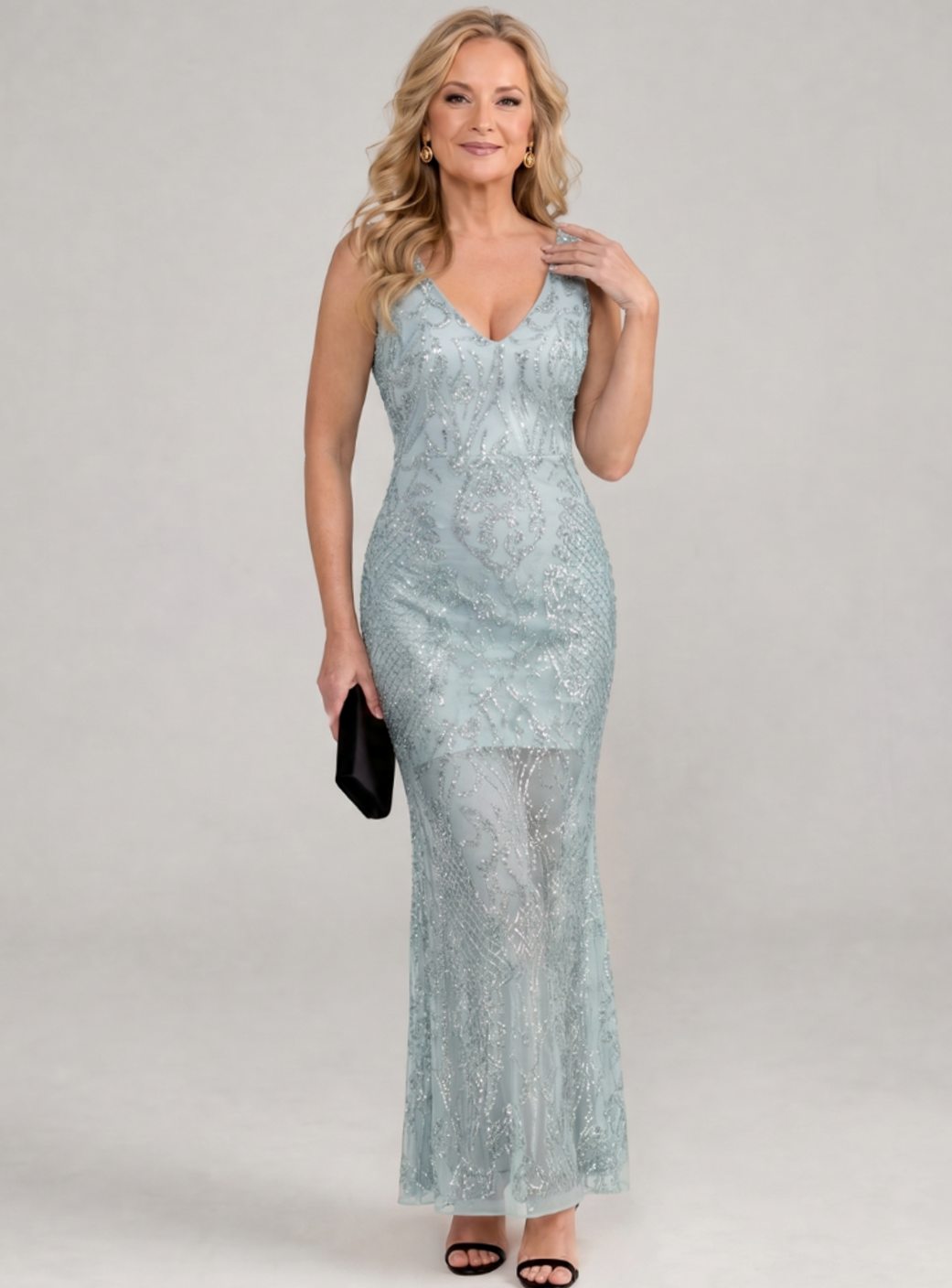 Women's Sequin Sheer Mesh Midi Christmas Party Dress - Sky Blue