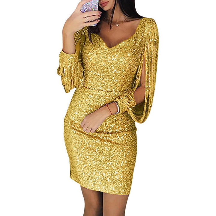 Women's Sequin Tassel-Sleeve V-Neck Mini Cocktail Dress - Gold Yellow