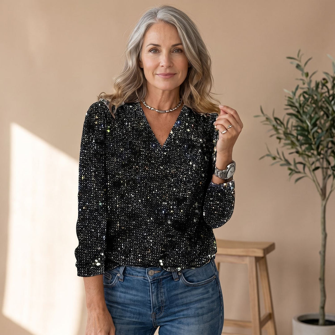 Women's Sequin V-Neck Long Sleeve Sparkly Party Top - Black