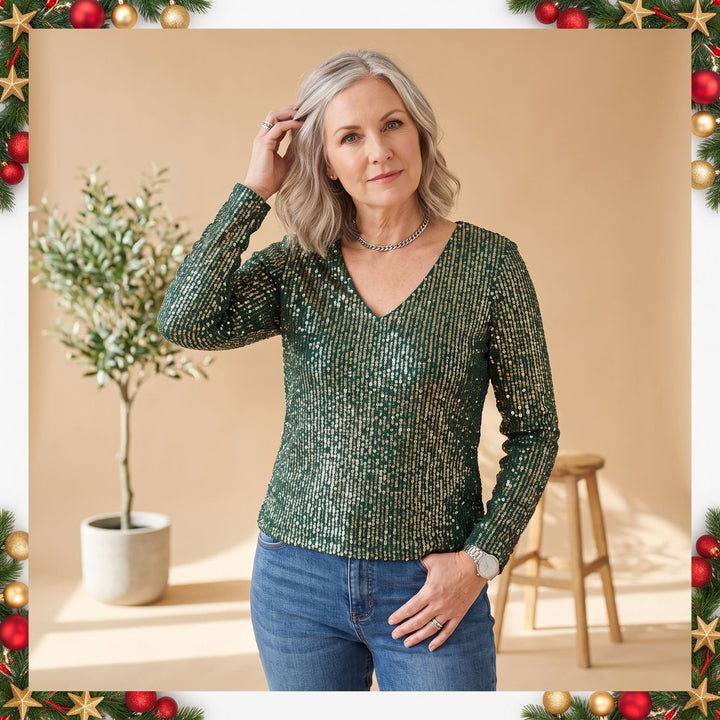 Women's Sequin V-Neck Long Sleeve Sparkly Party Top