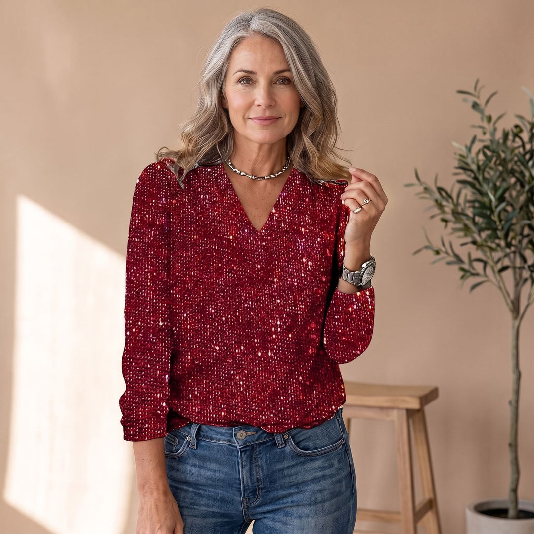 Women's Sequin V-Neck Long Sleeve Sparkly Party Top