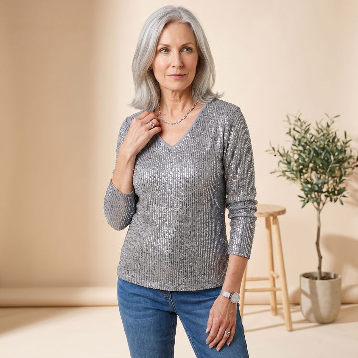 Women's Sequin V-Neck Long Sleeve Sparkly Party Top