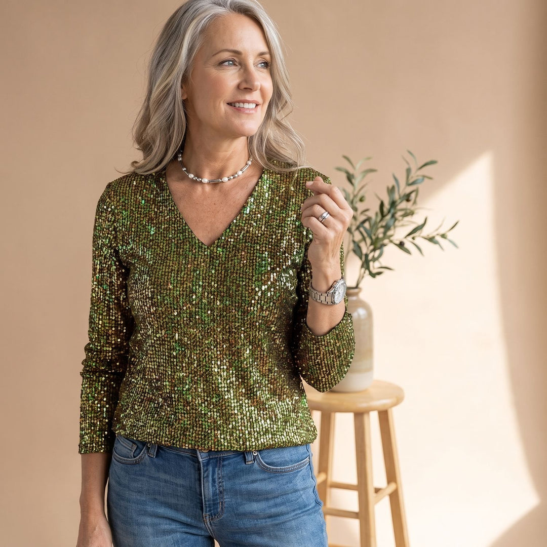 Women's Sequin V-Neck Long Sleeve Sparkly Party Top - Green