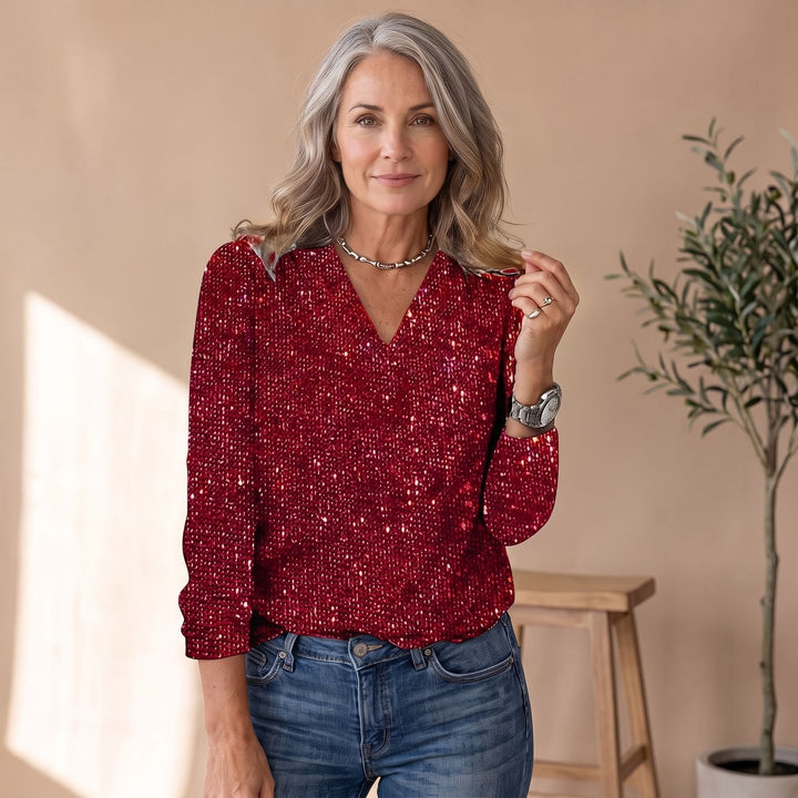 Women's Sequin V-Neck Long Sleeve Sparkly Party Top - Red