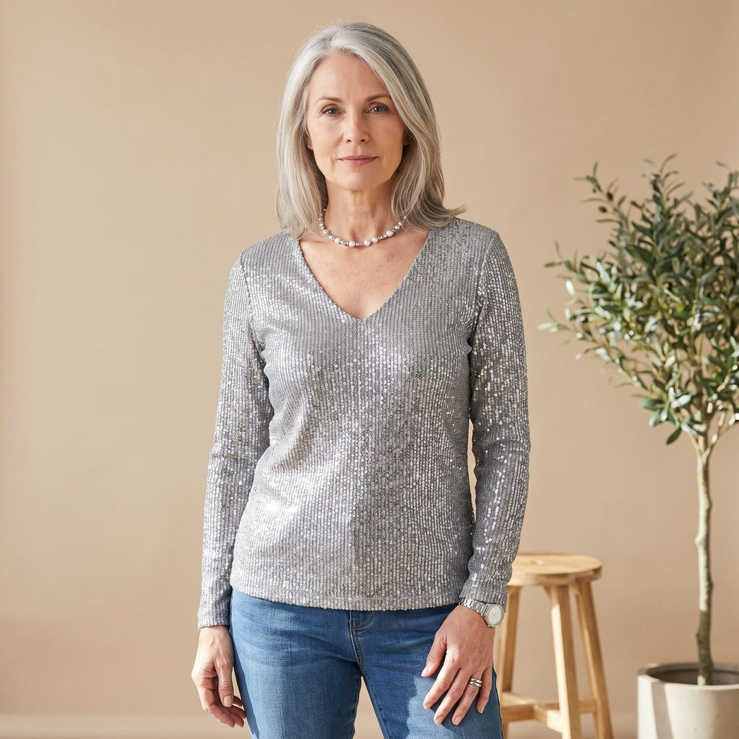 Women's Sequin V-Neck Long Sleeve Sparkly Party Top - Silver