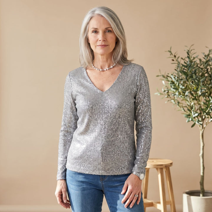 Women's Sequin V-Neck Long Sleeve Sparkly Party Top - Silver
