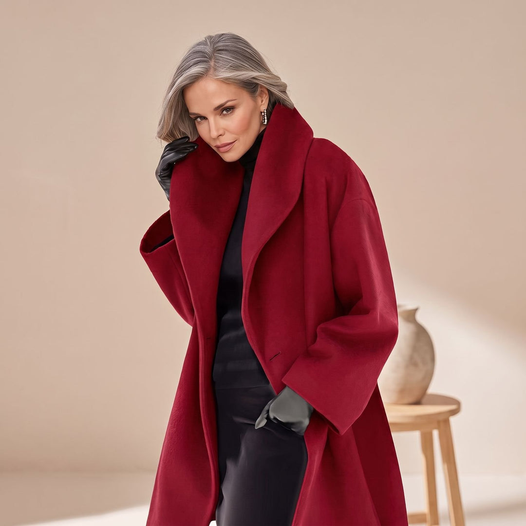Women's Shawl Collar Button-Front Relaxed Wool Coat - Red
