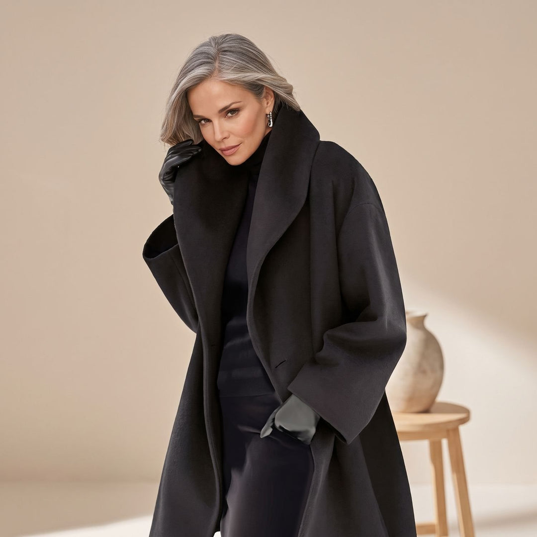 Women's Shawl Collar Button-Front Relaxed Wool Coat - Black