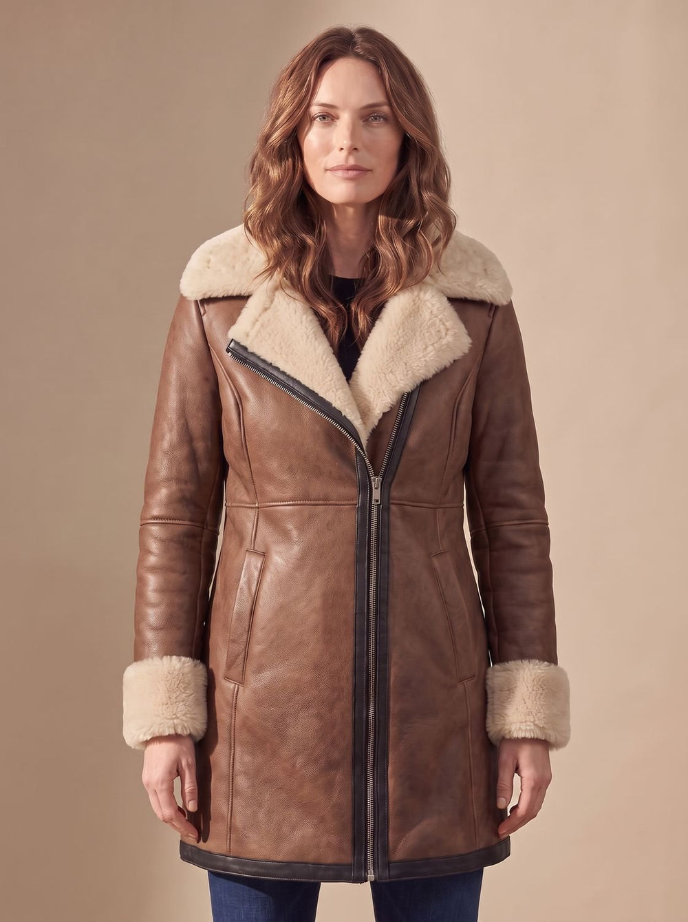 Women's Shearling-Collar Zip-Front Leather Winter Coat, Brown - Brown
