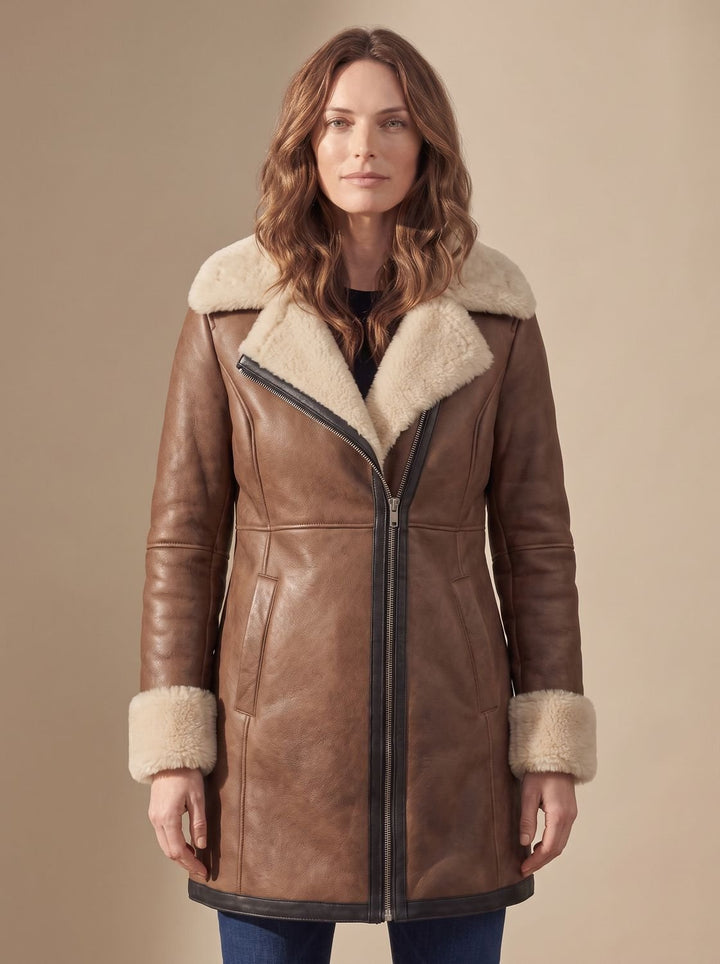 Women's Shearling-Collar Zip-Front Leather Winter Coat, Brown