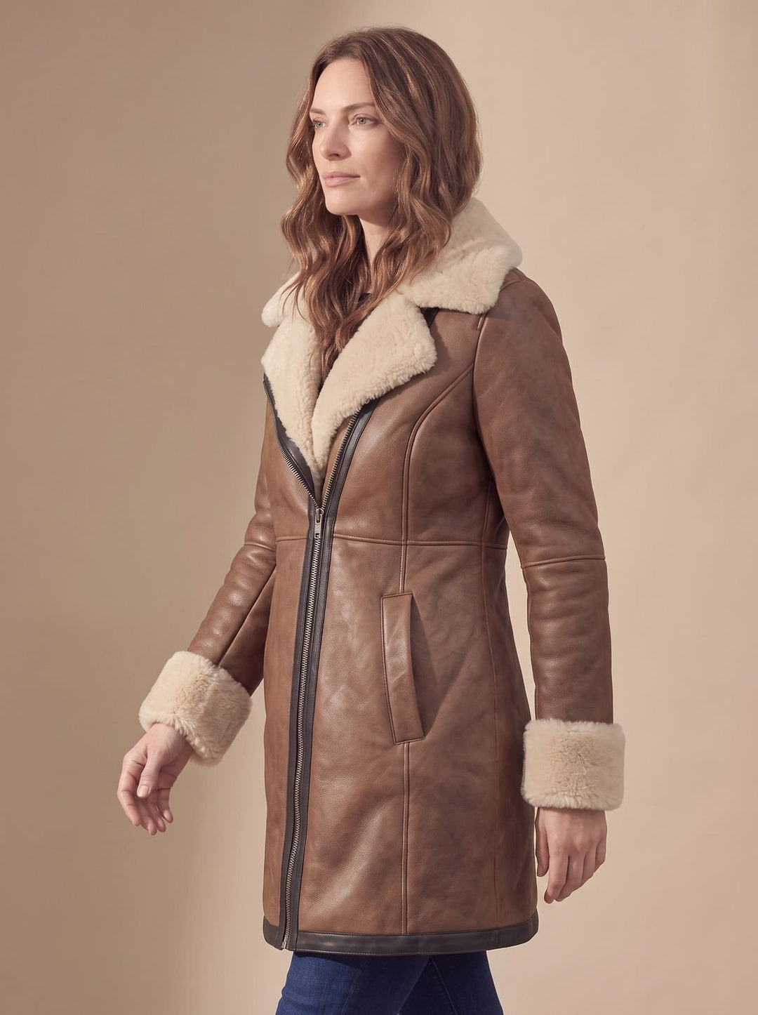 Women's Shearling-Collar Zip-Front Leather Winter Coat, Brown