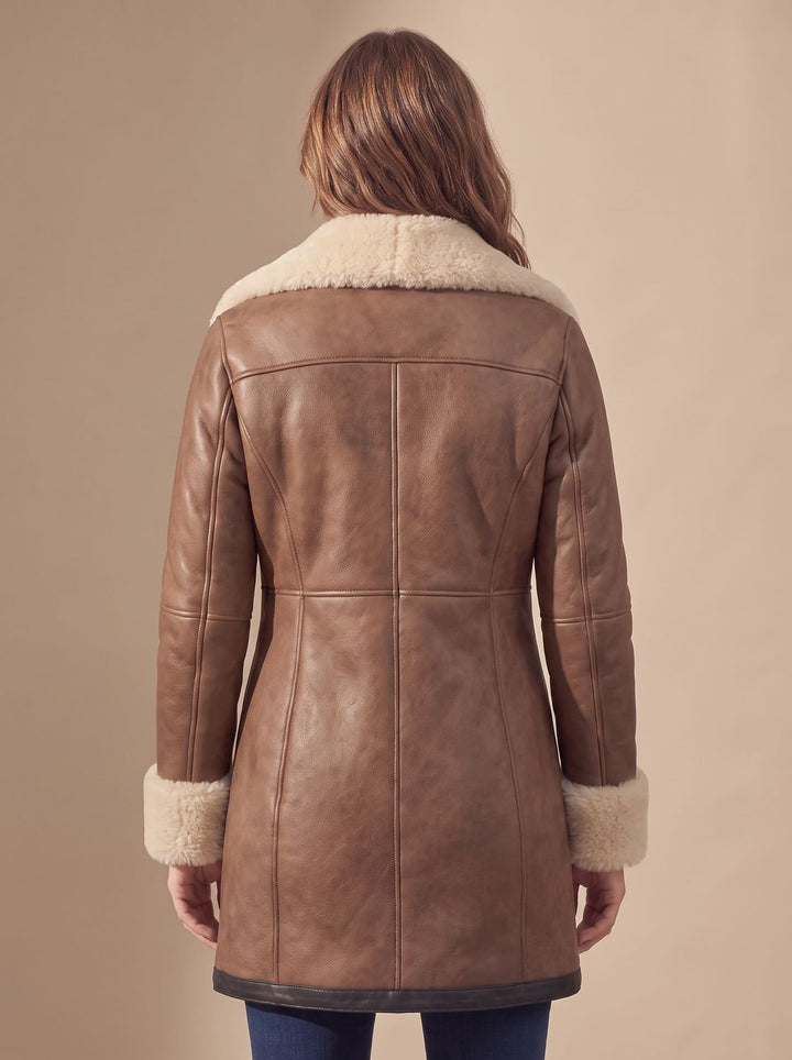 Women's Shearling-Collar Zip-Front Leather Winter Coat, Brown
