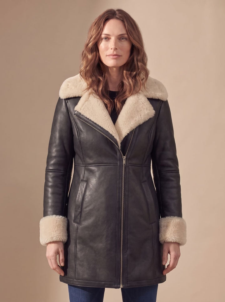 Women's Shearling-Collar Zip-Front Leather Winter Coat, Brown