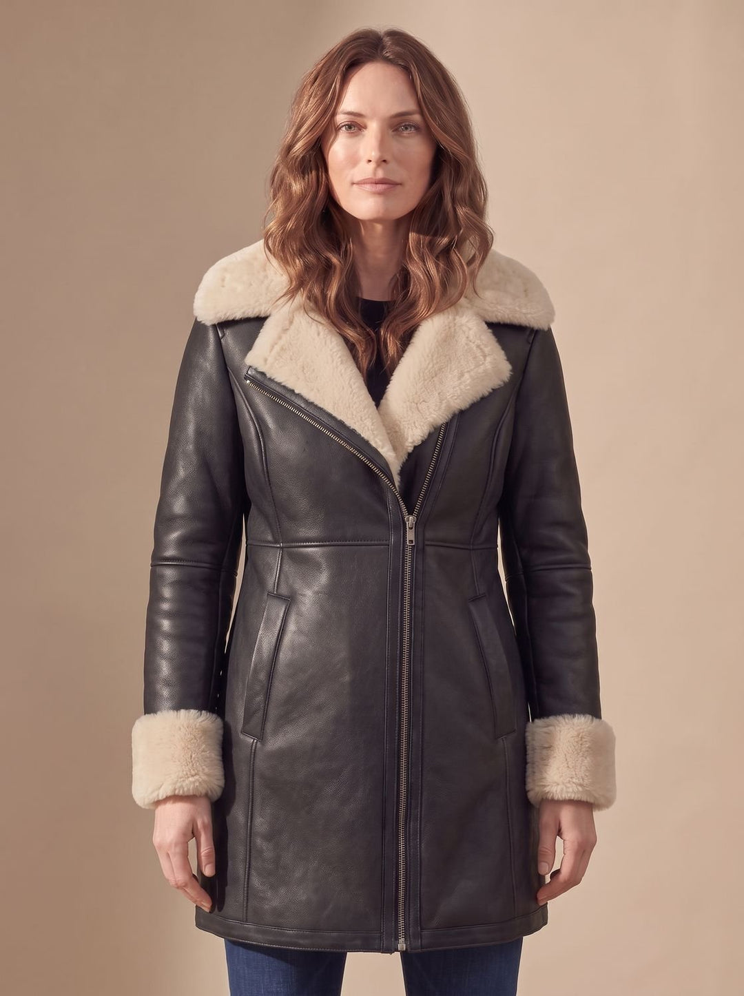 Women's Shearling-Collar Zip-Front Leather Winter Coat, Brown - Black