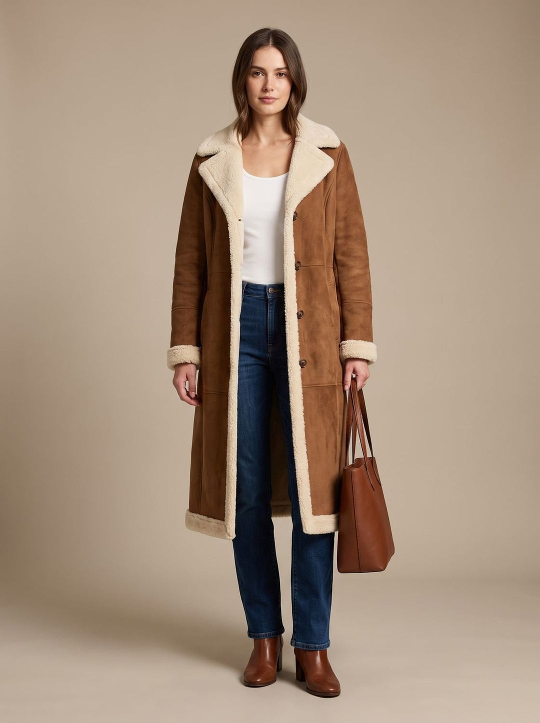 Women's Shearling-Lined Button-Front Long Winter Coat - Brown