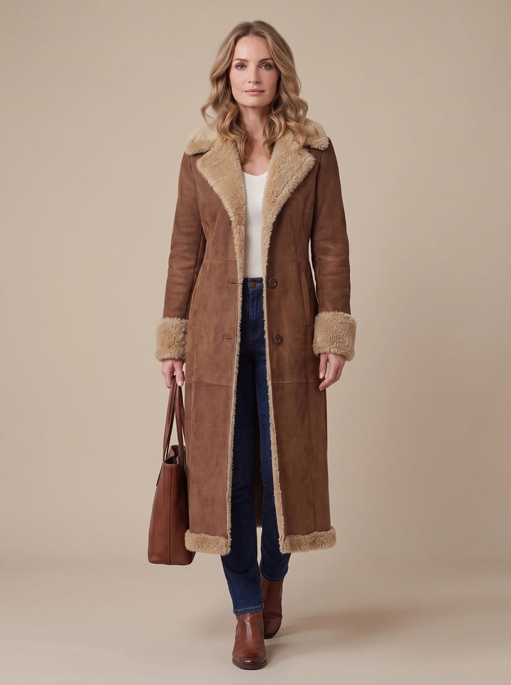 Women's Shearling-Lined Button-Front Long Winter Coat