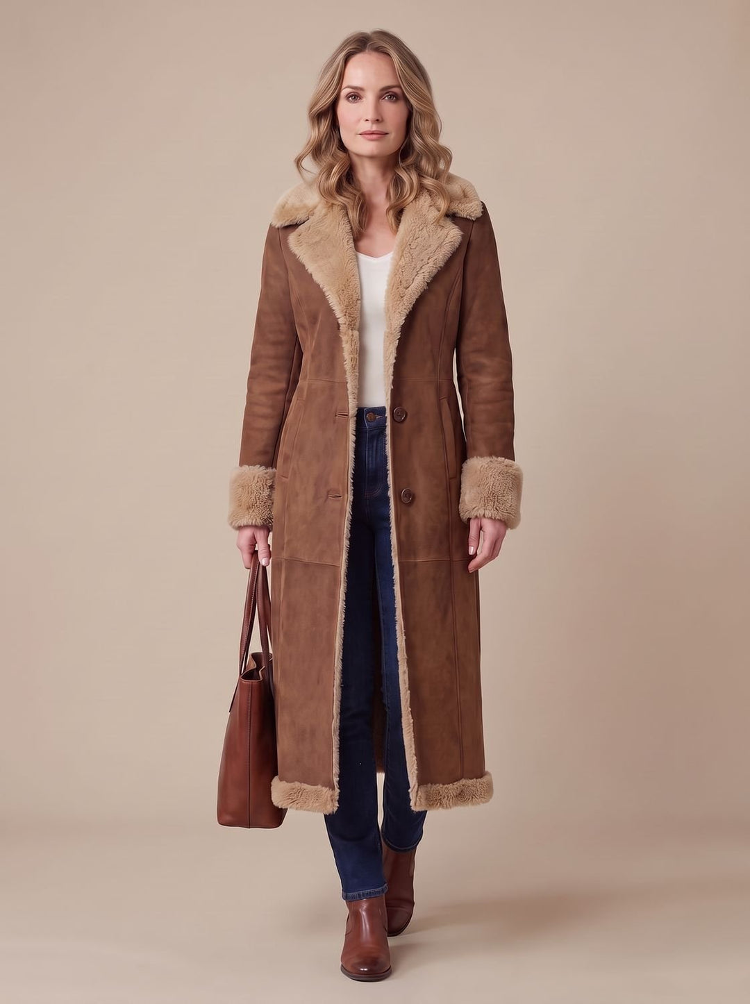 Women's Shearling-Lined Button-Front Long Winter Coat