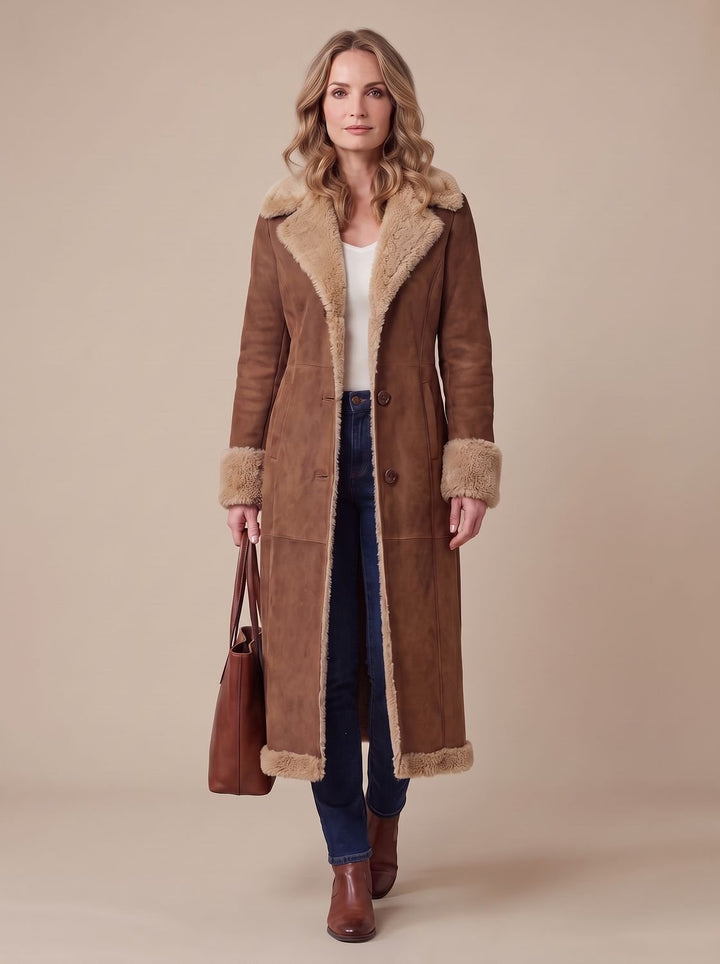 Women's Shearling-Lined Button-Front Long Winter Coat