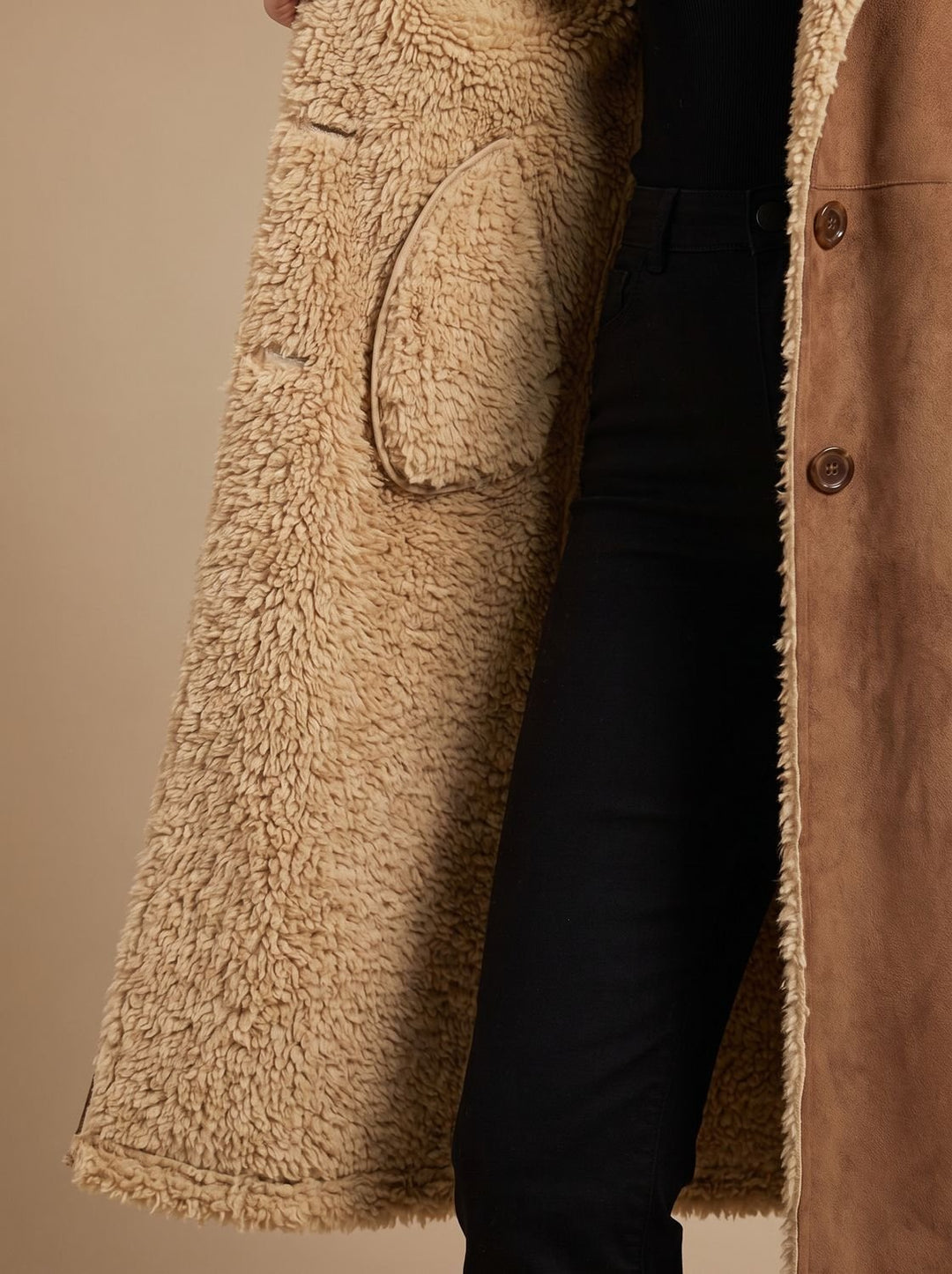 Women's Shearling-Lined Button-Front Long Winter Coat