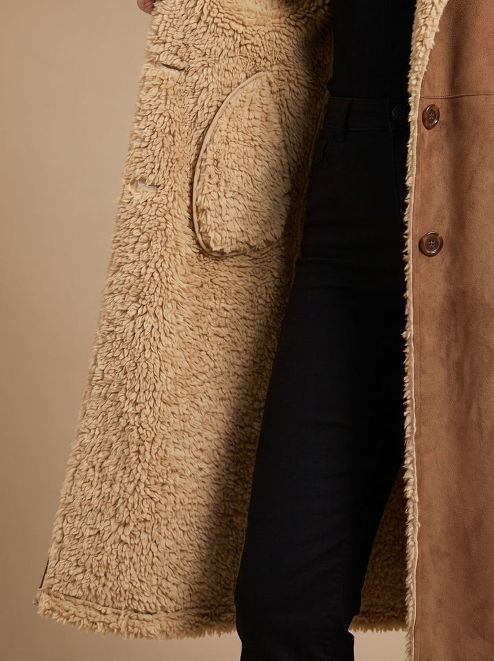 Women's Shearling-Lined Button-Front Long Winter Coat