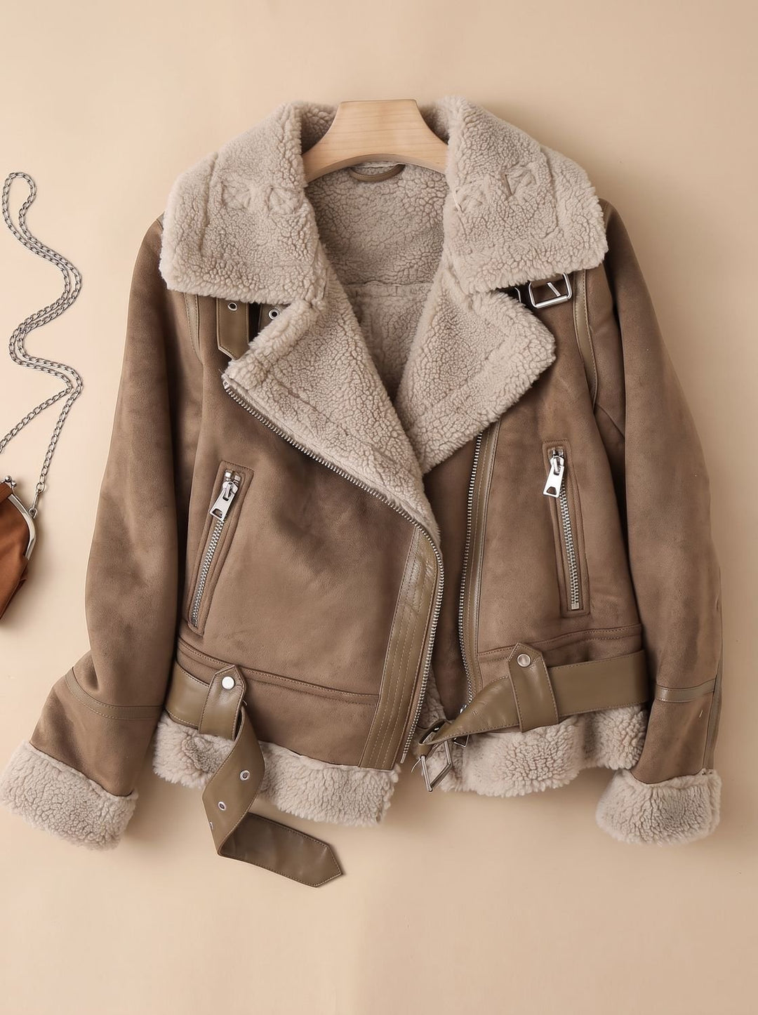 Women's Shearling-Lined Cropped Belted Moto Jacket - Brown