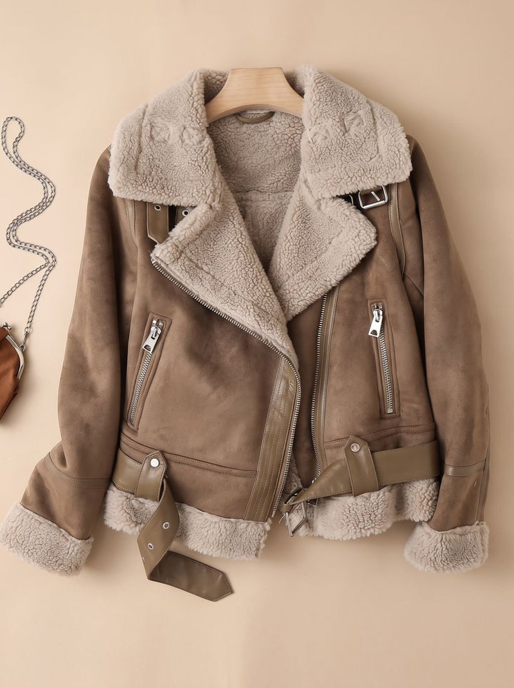 Women's Shearling-Lined Cropped Belted Moto Jacket - Brown