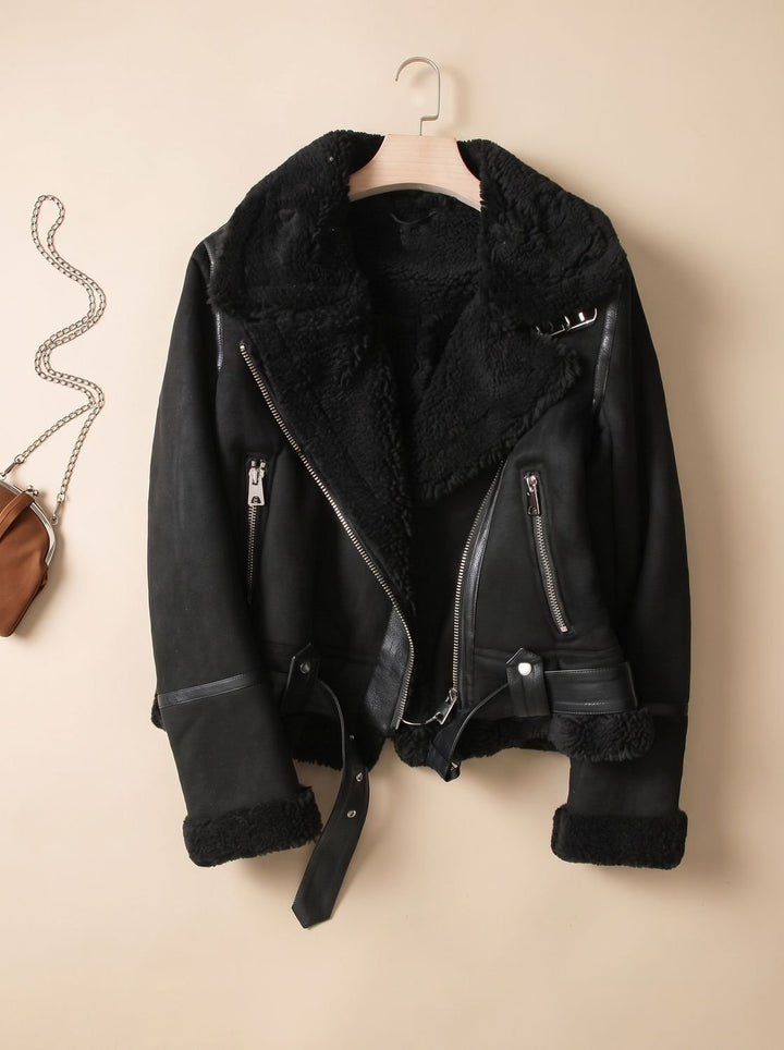 Women's Shearling-Lined Cropped Belted Moto Jacket - Black