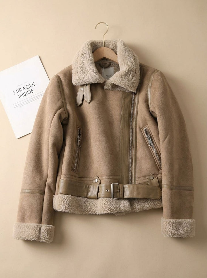 Women's Shearling-Lined Cropped Belted Moto Jacket