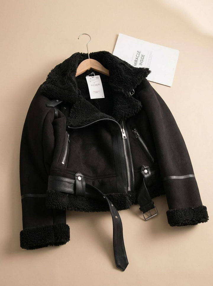 Women's Shearling-Lined Cropped Belted Moto Jacket