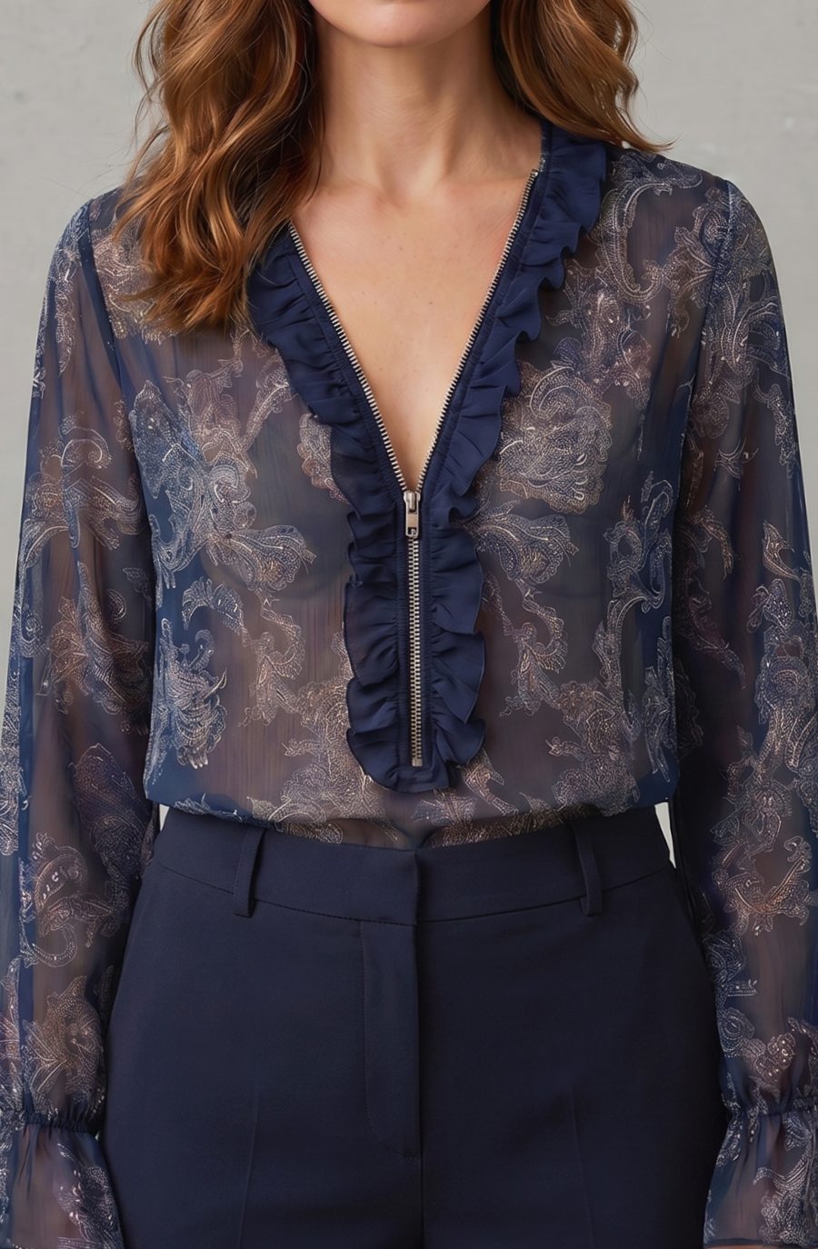 Women's Sheer Chiffon Paisley Ruffle V-Neck Long-Sleeve Blouse - Navy Blue
