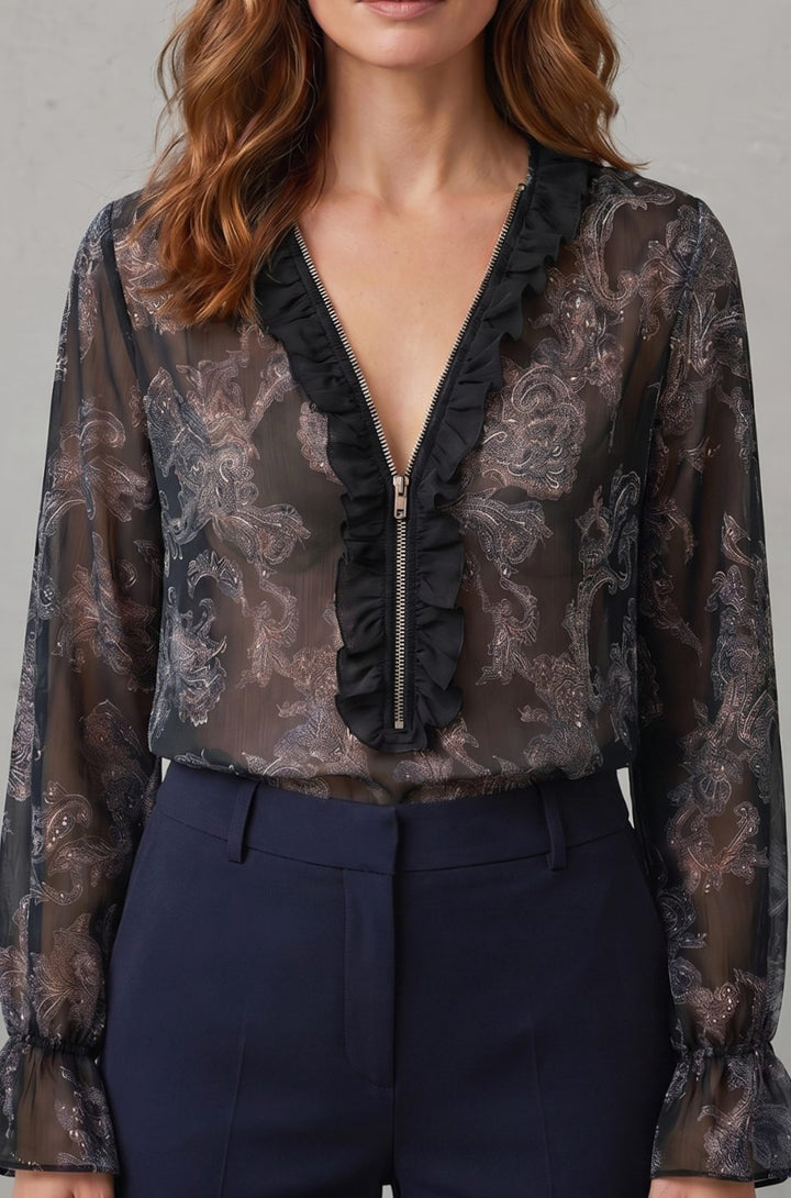 Women's Sheer Chiffon Paisley Ruffle V-Neck Long-Sleeve Blouse - Black