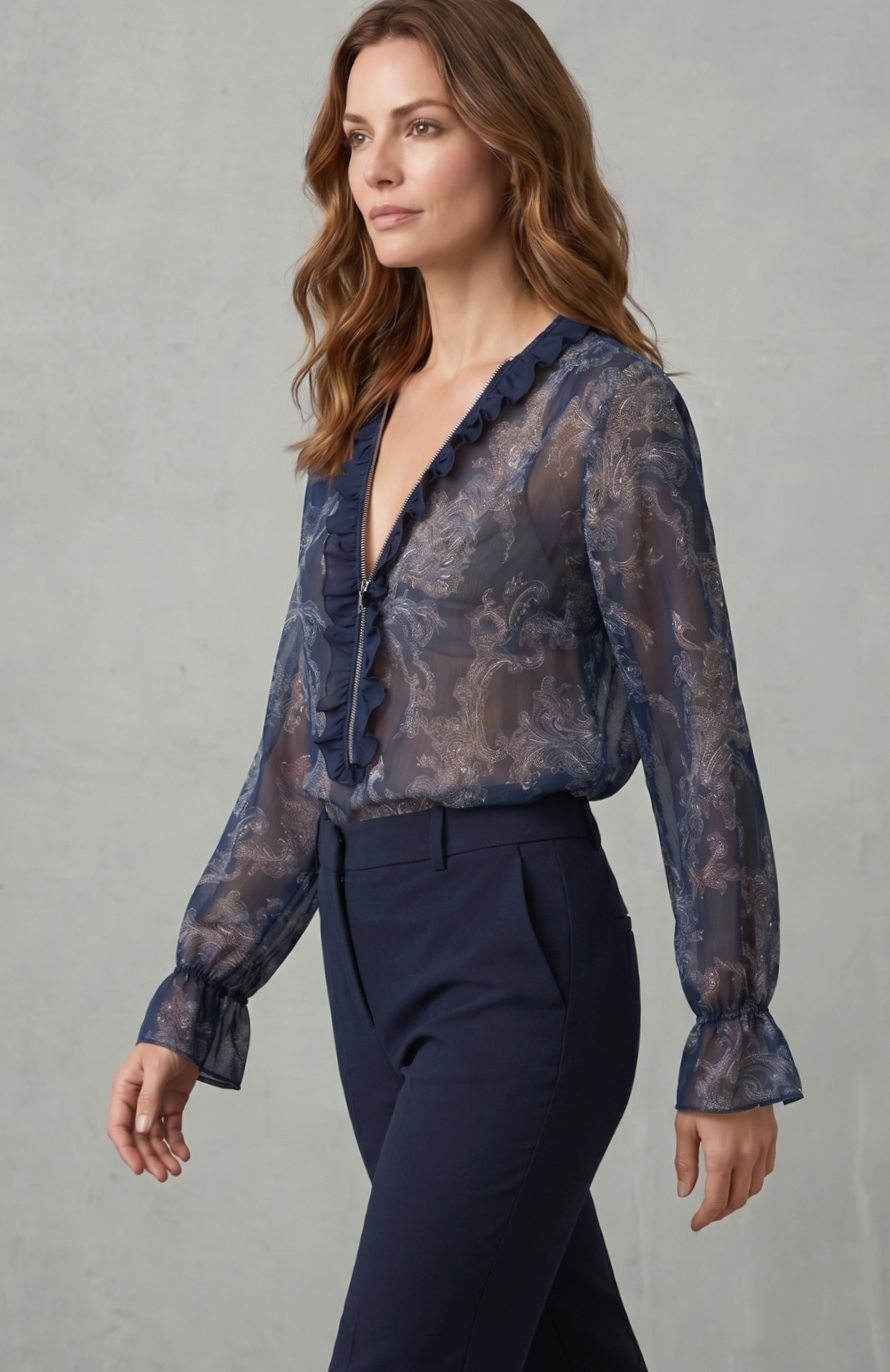 Women's Sheer Chiffon Paisley Ruffle V-Neck Long-Sleeve Blouse