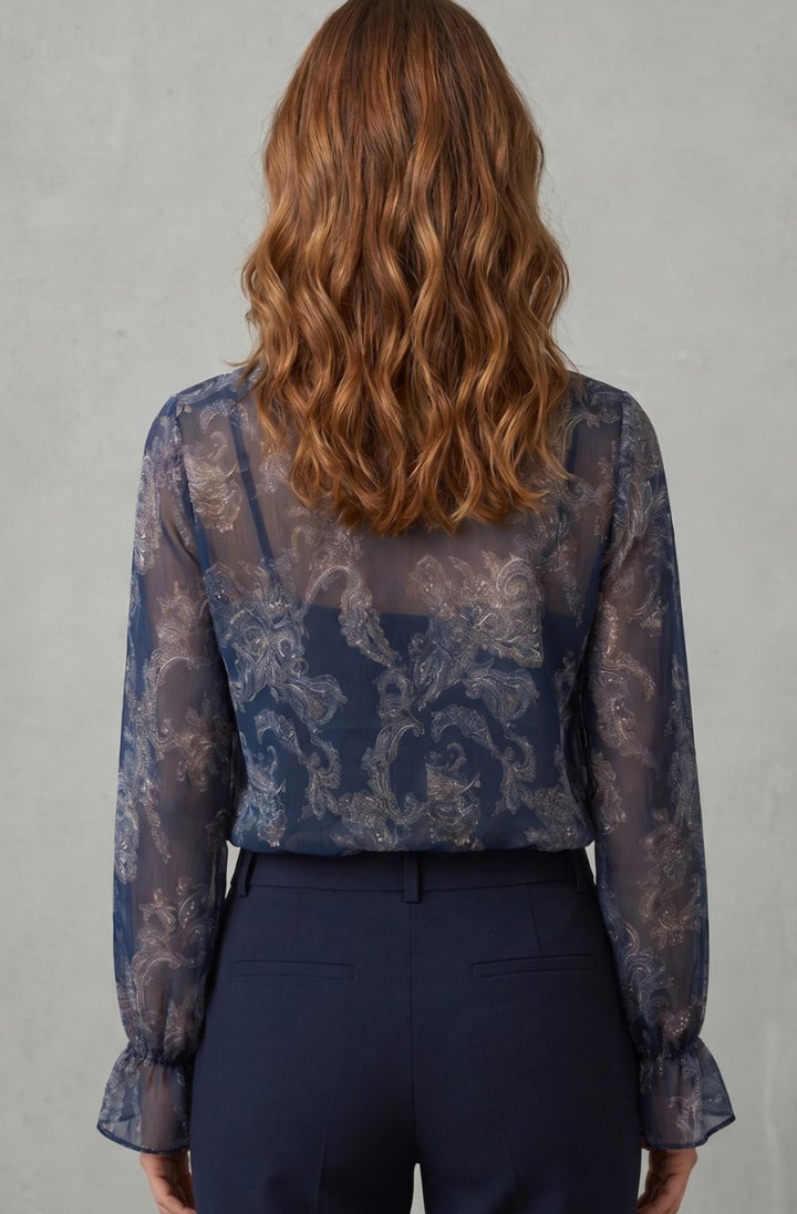 Women's Sheer Chiffon Paisley Ruffle V-Neck Long-Sleeve Blouse