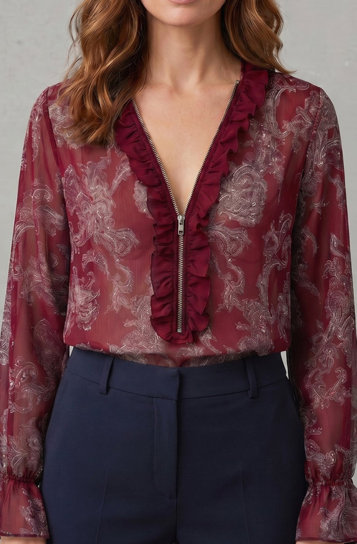 Women's Sheer Chiffon Paisley Ruffle V-Neck Long-Sleeve Blouse - Crimson