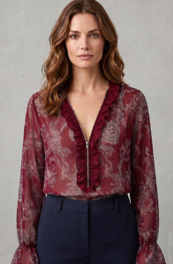 Women's Sheer Chiffon Paisley Ruffle V-Neck Long-Sleeve Blouse