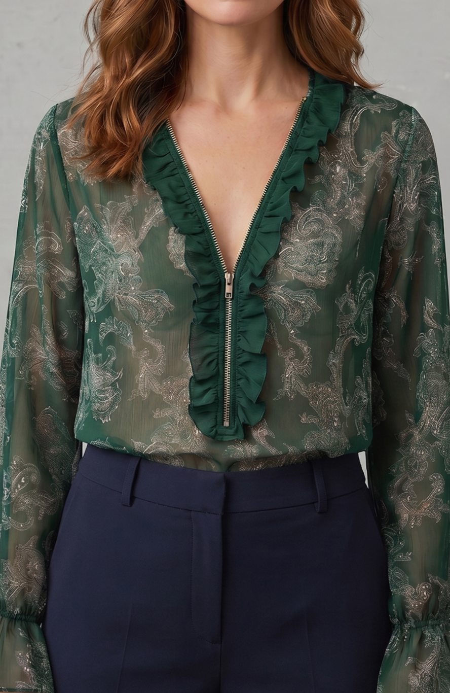 Women's Sheer Chiffon Paisley Ruffle V-Neck Long-Sleeve Blouse - Olive Green