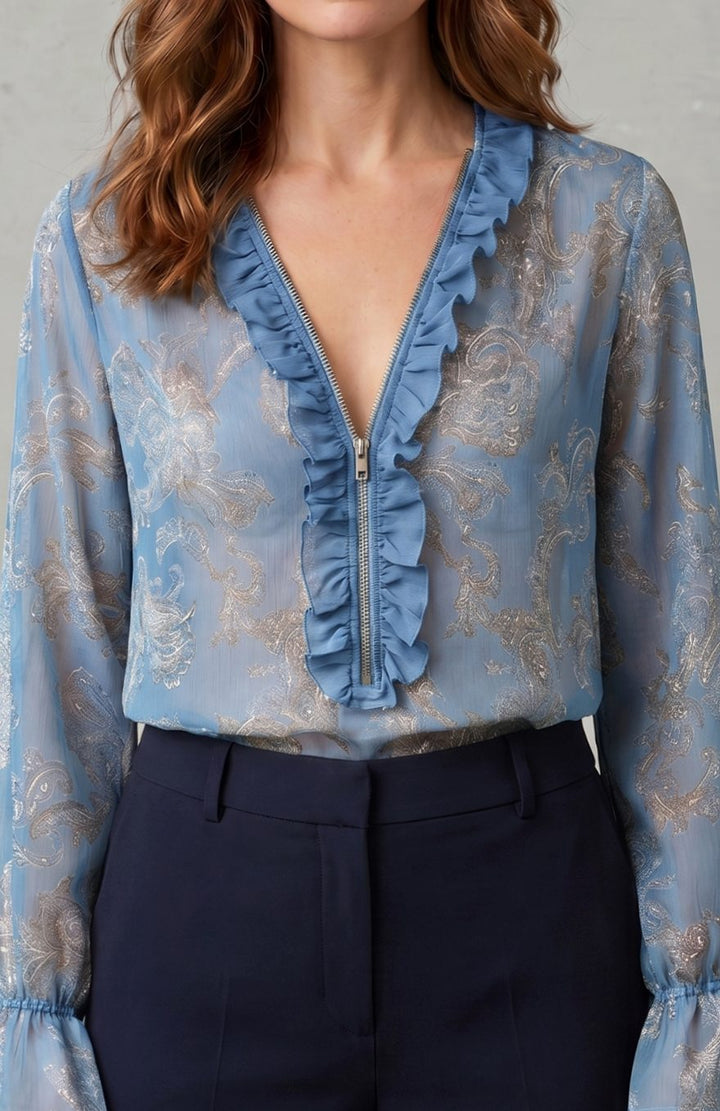Women's Sheer Chiffon Paisley Ruffle V-Neck Long-Sleeve Blouse - Sky Blue