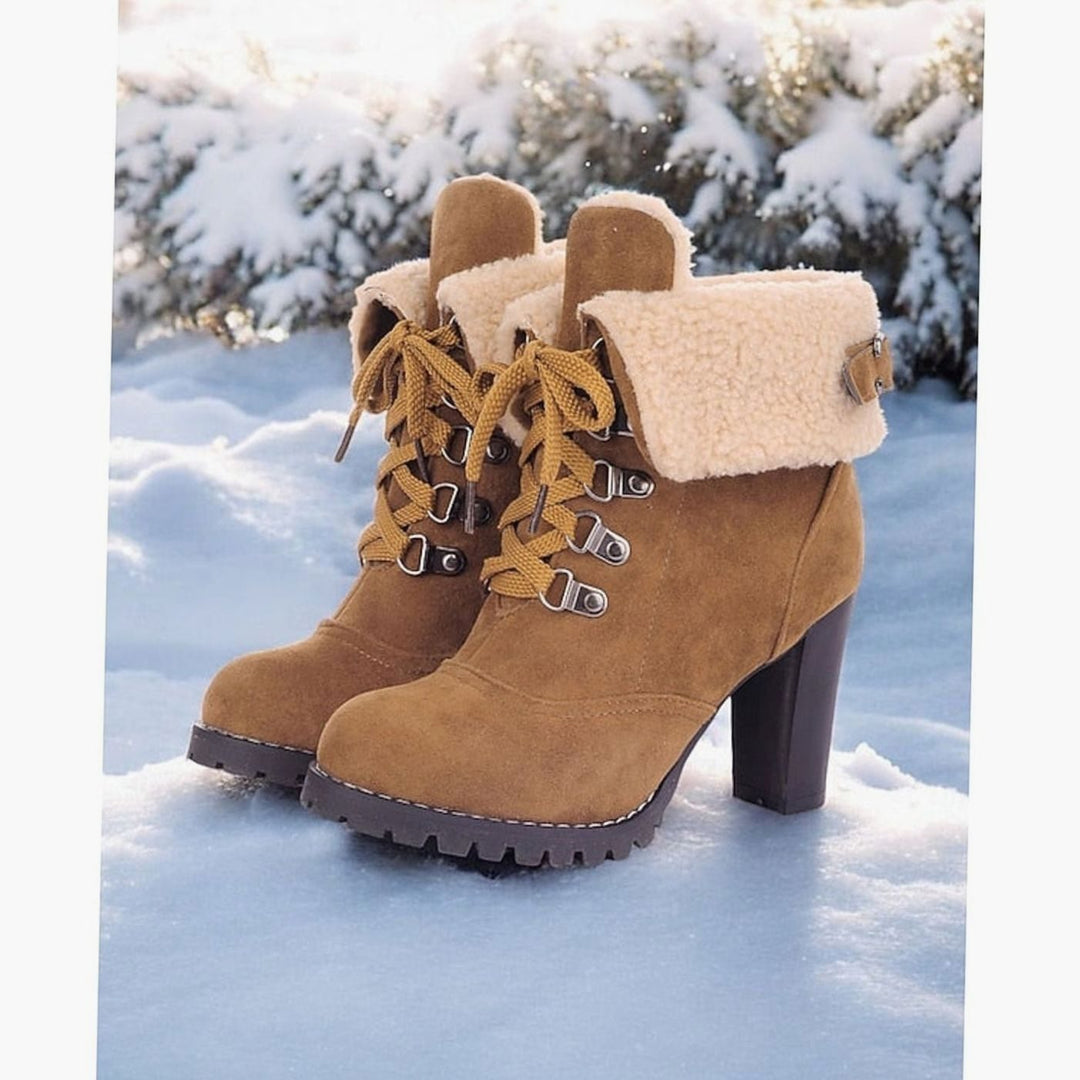 Women's Sherpa-Cuffed Lace-Up Heeled Winter Snow Boots - Yellow